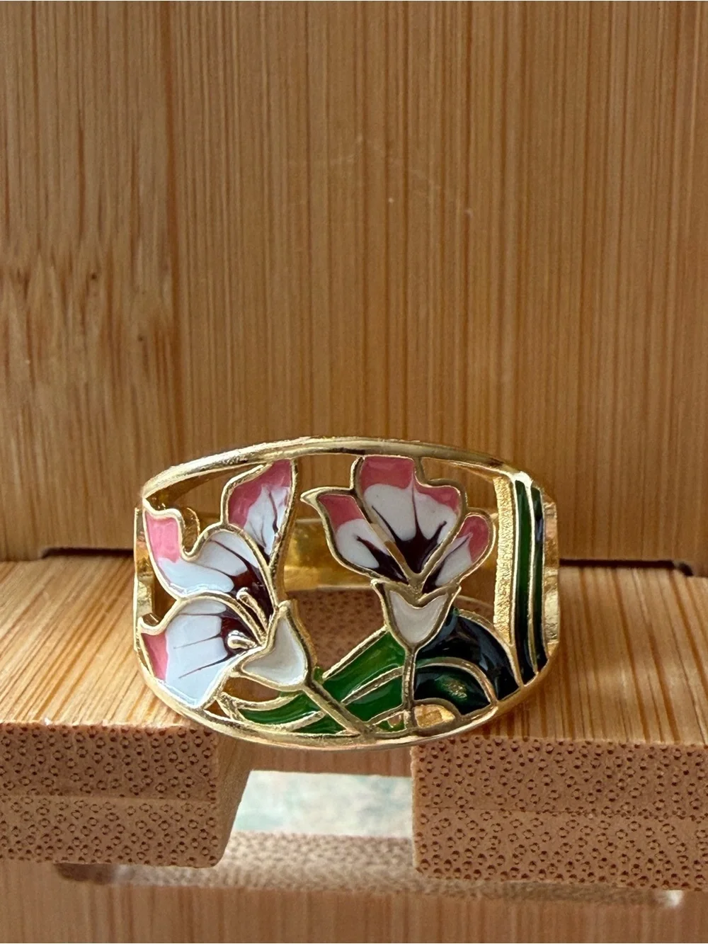 Gold Tone Hollowed-out Floral Enamel Ring - Pink, White & Green